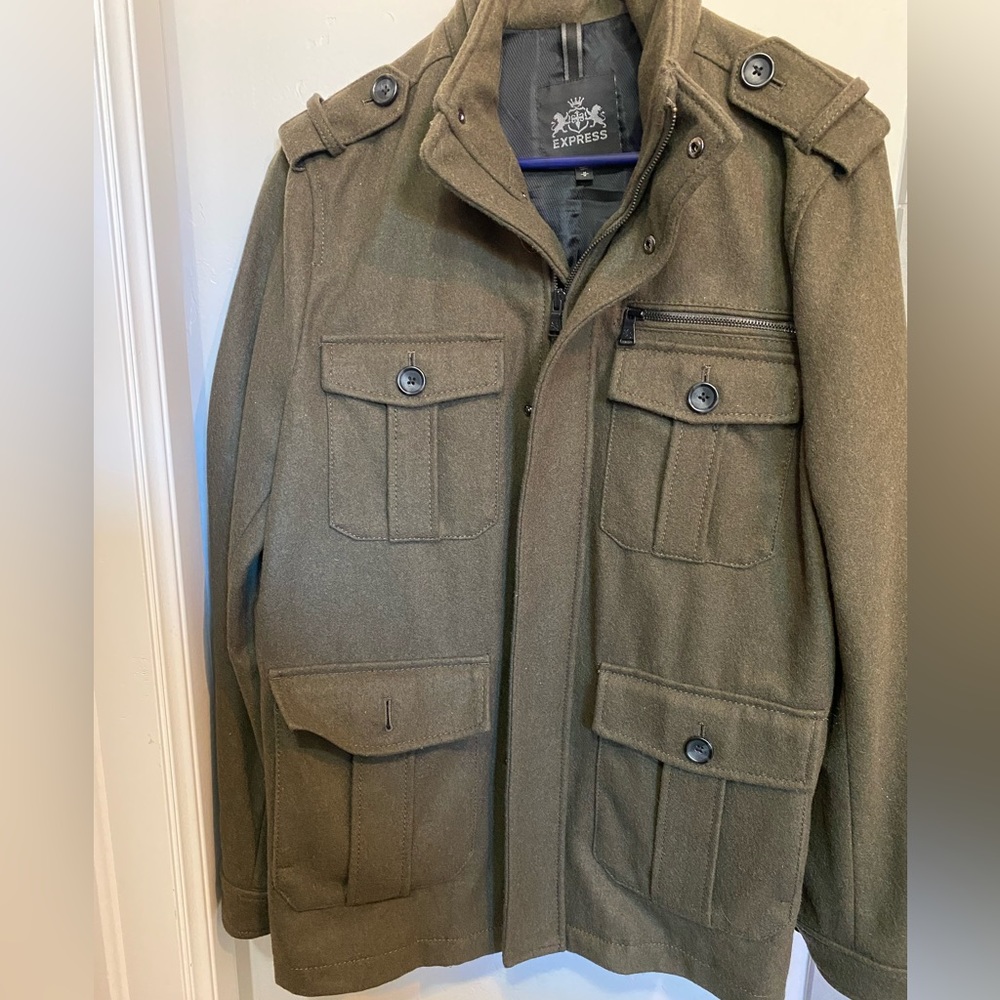 Express men’s military green peacoat, size medium, used but good condition
